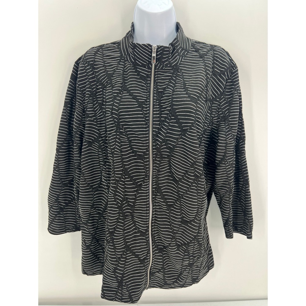 Weekends By Chico's 3 US XL Black Striped Textured Full Zip Mock Neck Jacket - Picture 14 of 14